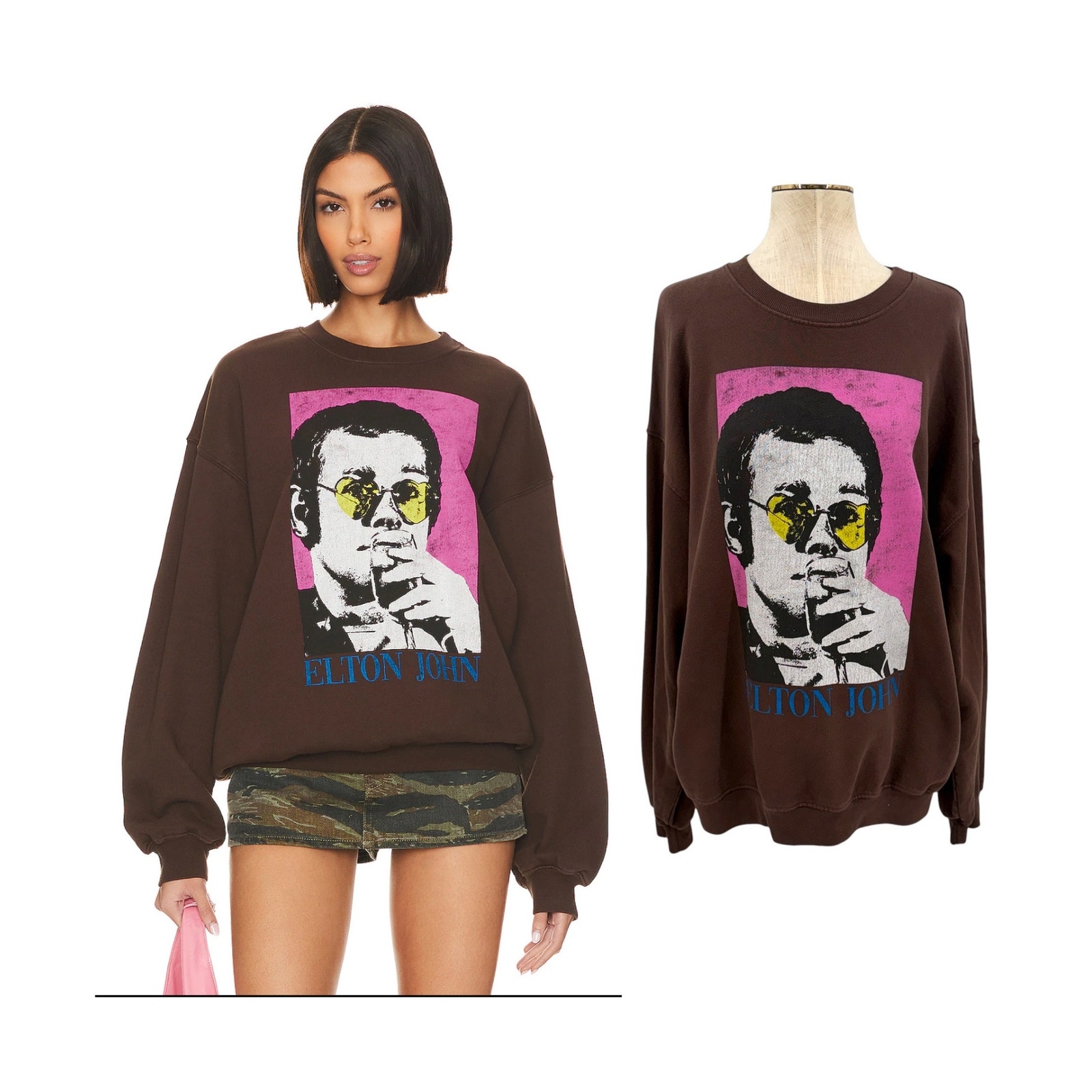 Daydreamer Elton John Heart Glasses Graphic Oversized Sweatshirt Brown Large